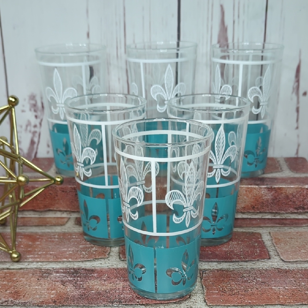 Hazel Atlas Set of 6 Glasses Tumbler White Turquoise 12oz. Highball Fleur-de-Lis
